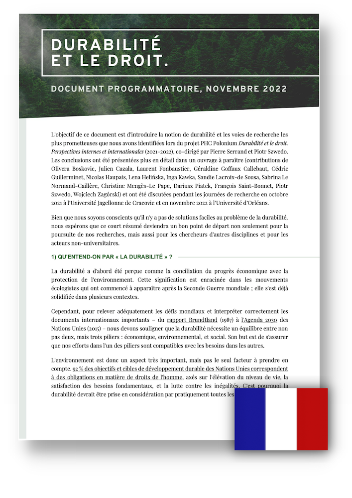The first page of the summary of conclusions from the "Durabilité et le droit. Perspectives internes et internationales" in French.