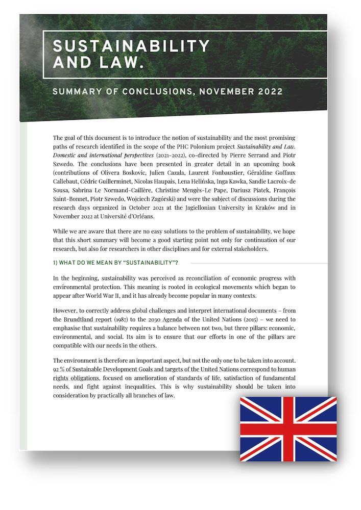 The first page of the summary of conclusions from the "Durabilité et le droit. Perspectives internes et internationales" in English.